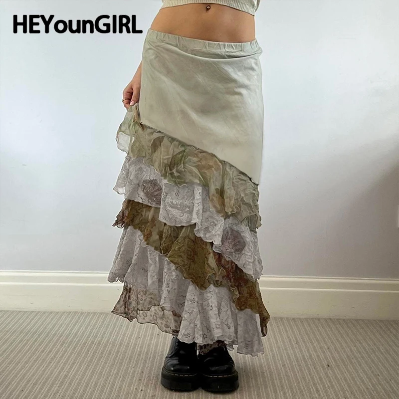 

Женская кружевная Асимметричная юбка HEYounGIRL Y2K, в стиле мори, винтажная длинная юбка в несколько рядов