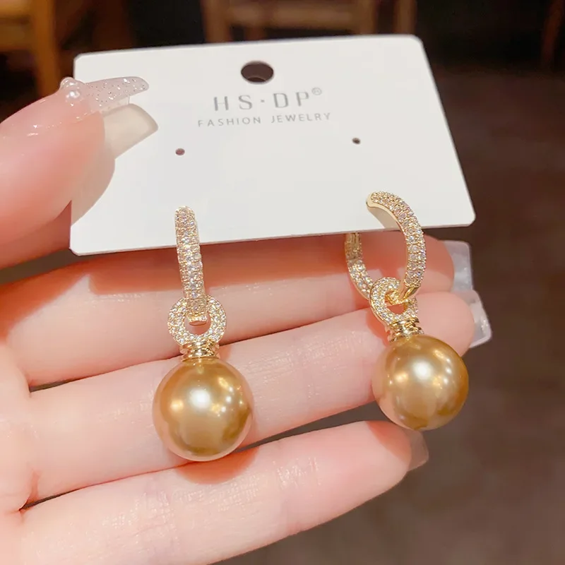 Korean new fashion jewelry 14K gold plated zircon Champagne pearl pendant earrings elegant women's evening party accessories