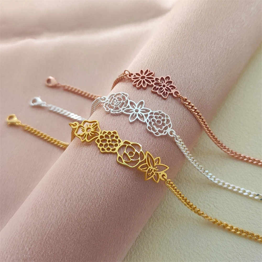 Personalized Stainless Steel Birthflower Bracelet Family Jewelry Custom Flower Charm Bracelets Mom Sister Birthday Gift