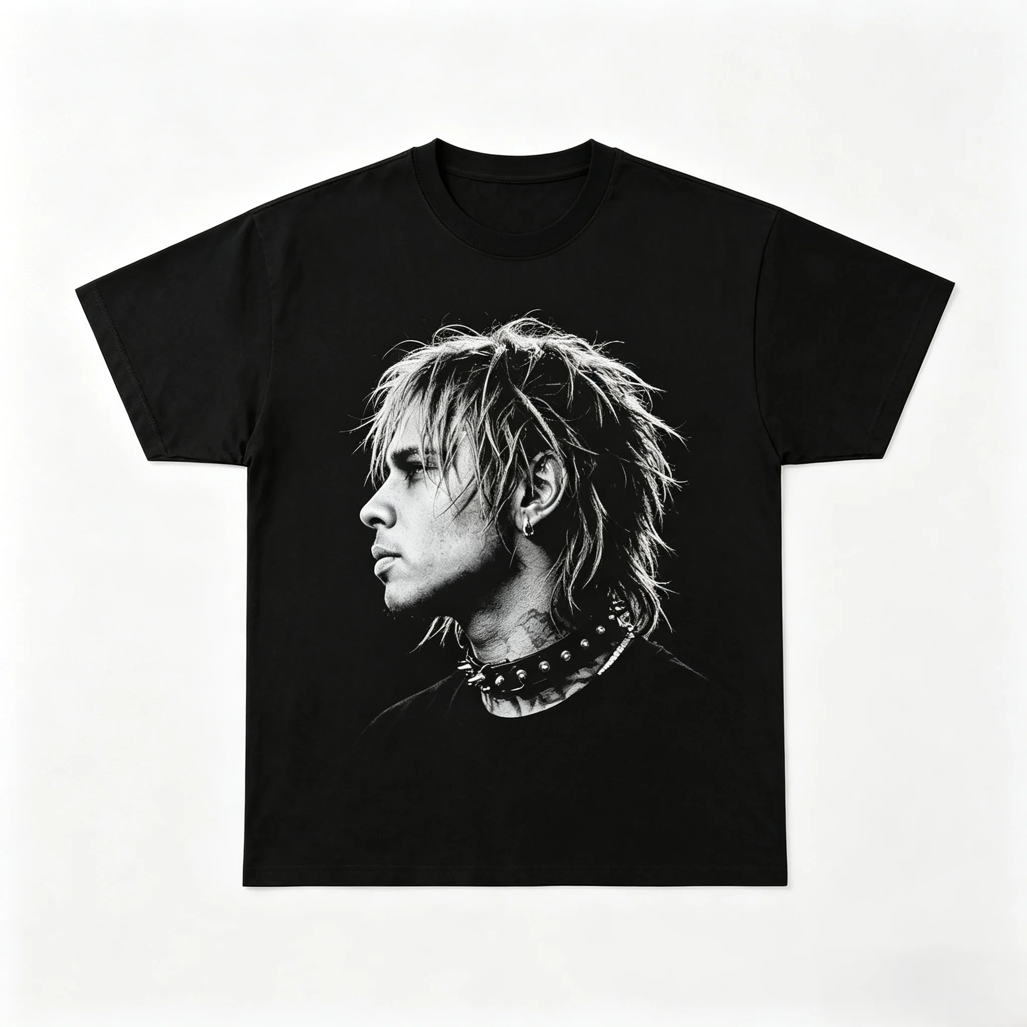 Unisex Vintage Black White Punk Rock Man Spiked Collar Portrait Graphic T-Shirt Men Women Grunge Rocker Side Profile Streetwear Crew Neck Short Sleeve Casual Tee