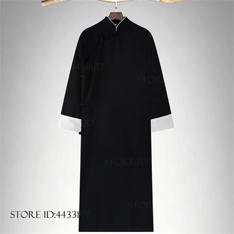 traditional-tang-suit-wing-chun-kung-fu-gown-chinese-style-men's-long-shirt-stand-up-collar-opera-stage-performance-costume