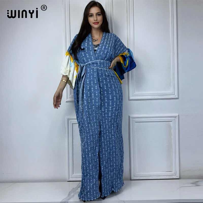 WINYI Kimono Hollow bubble sleeve denim cardigan long down overcoat maxi Dress elegant Holiday beach Cover Up fashion dress