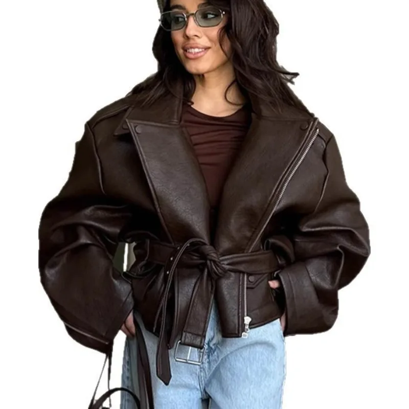 Elegante Vintage Braun Zipper Leder Kurze Jacke Frauen Chic Revers Lange Ärmeln Gürtel Lose Mäntel Herbst Highstreet frauen Mantel