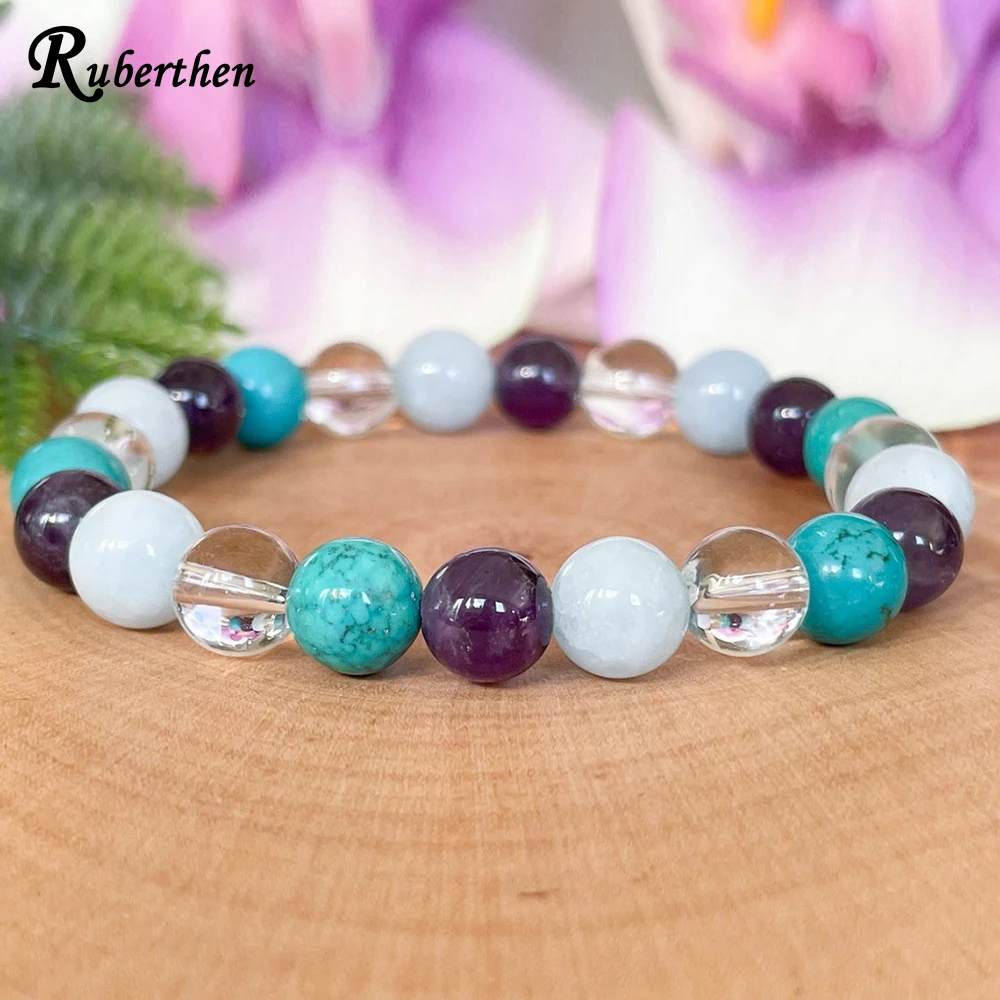 Ruberthen Pisces Zodiac Gemstone Bracelet Turquoise Amethyst Aquamarine Clear Quartz Healing Crystals Jewelry March Birthstone