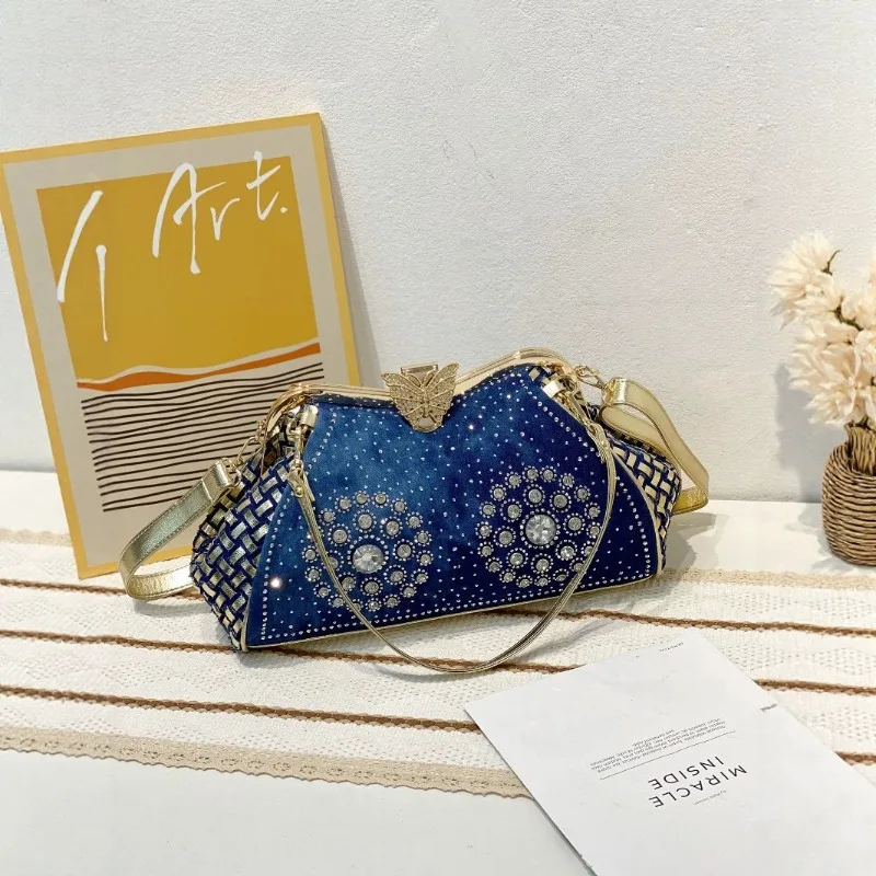 

Luxury denim rhinestone women's handbag, fashionable butterfly decoration denim shoulder bag for dinner party