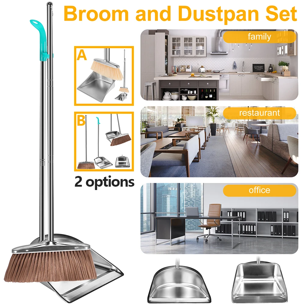 Broom and Dustpan Set Long Handle Upright Stainless Steel Dustpan Broom Set Portable Household Cleaning Tools for Home Office