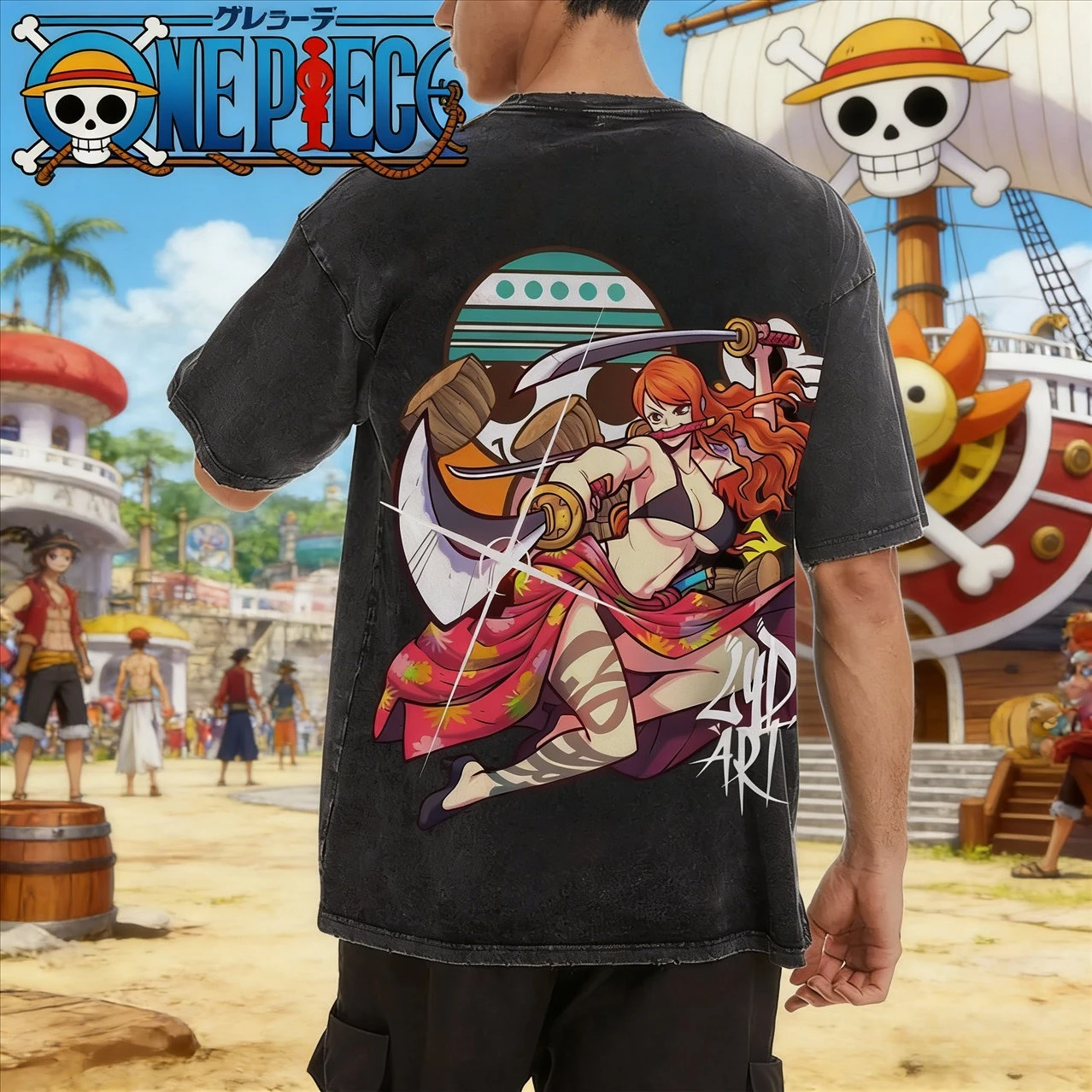 One Piece Female Swordsman Element Retro Old Washed Kurzarm Gothic Street Style Anime T-Shirt Sommer Herren- und Damenoberteile