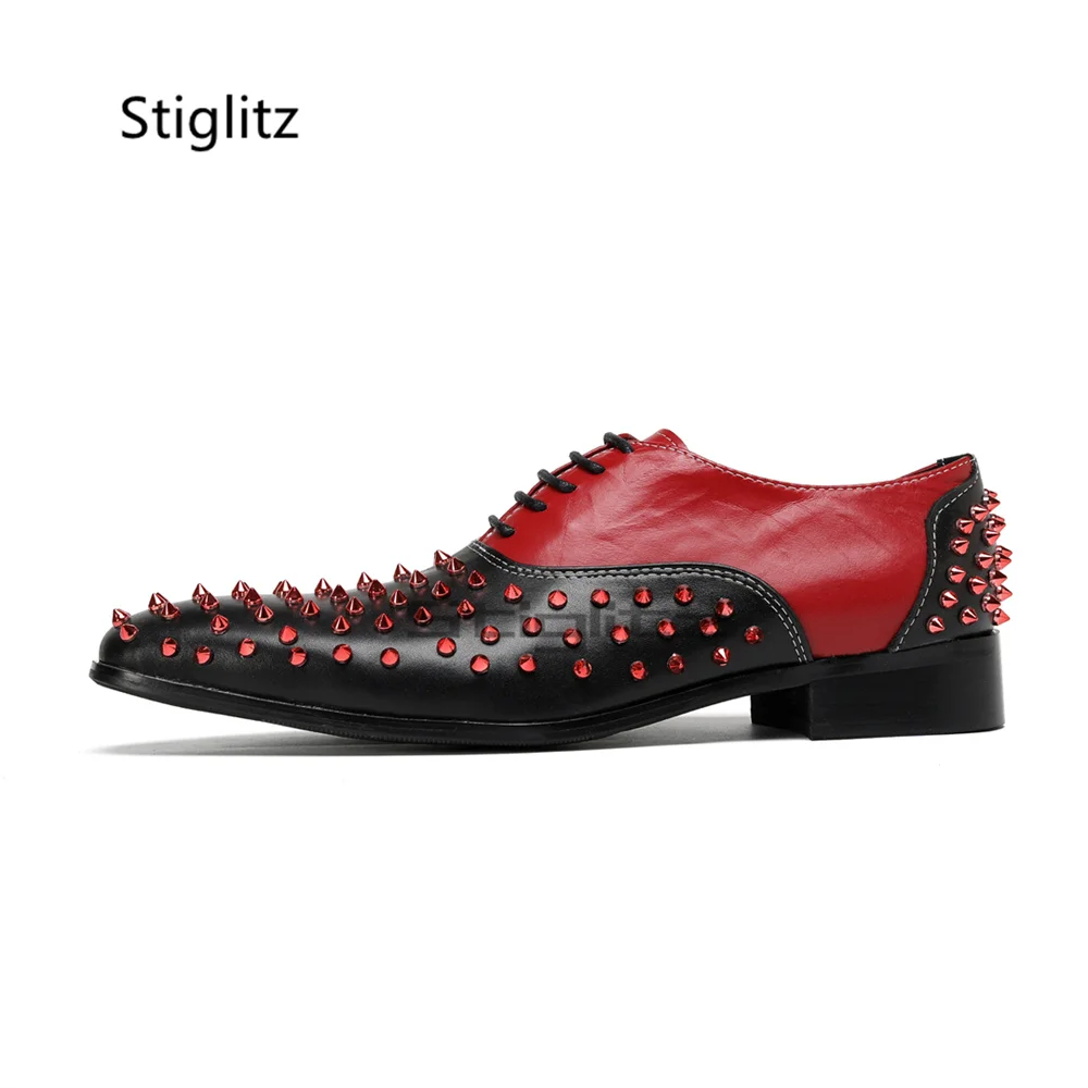 

Black Red Rivet Men's Dress Shoes British Style Fashion Genuine Leather Mixed Color Lace Up Men Casual Oxford Office Party Shoes
