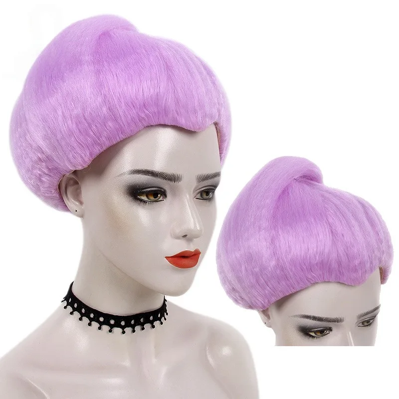 Hellviolette, flauschige, runde Hochsteckfrisur-Perücke mit Knoten, glatt, seidig, glänzend, ordentlicher Pony, Vintage-Retro-Mode, synthetische Perücke – Detail 7