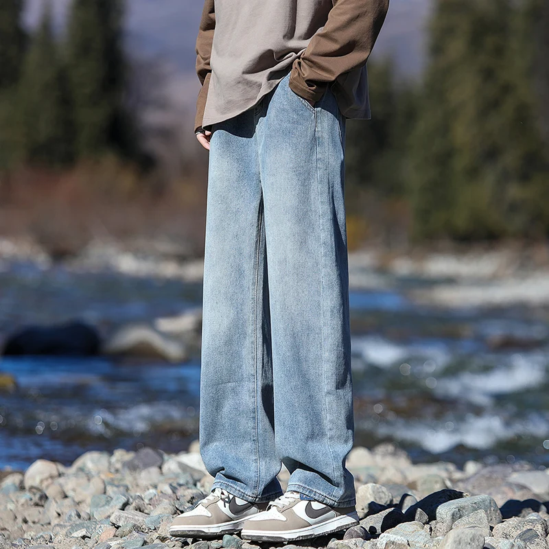 New High Waist Elastic Fashion Pocket Drawstring Solid Color Loose 2024 Autumn and Winter Men's Straight Tube Versatile Jeans