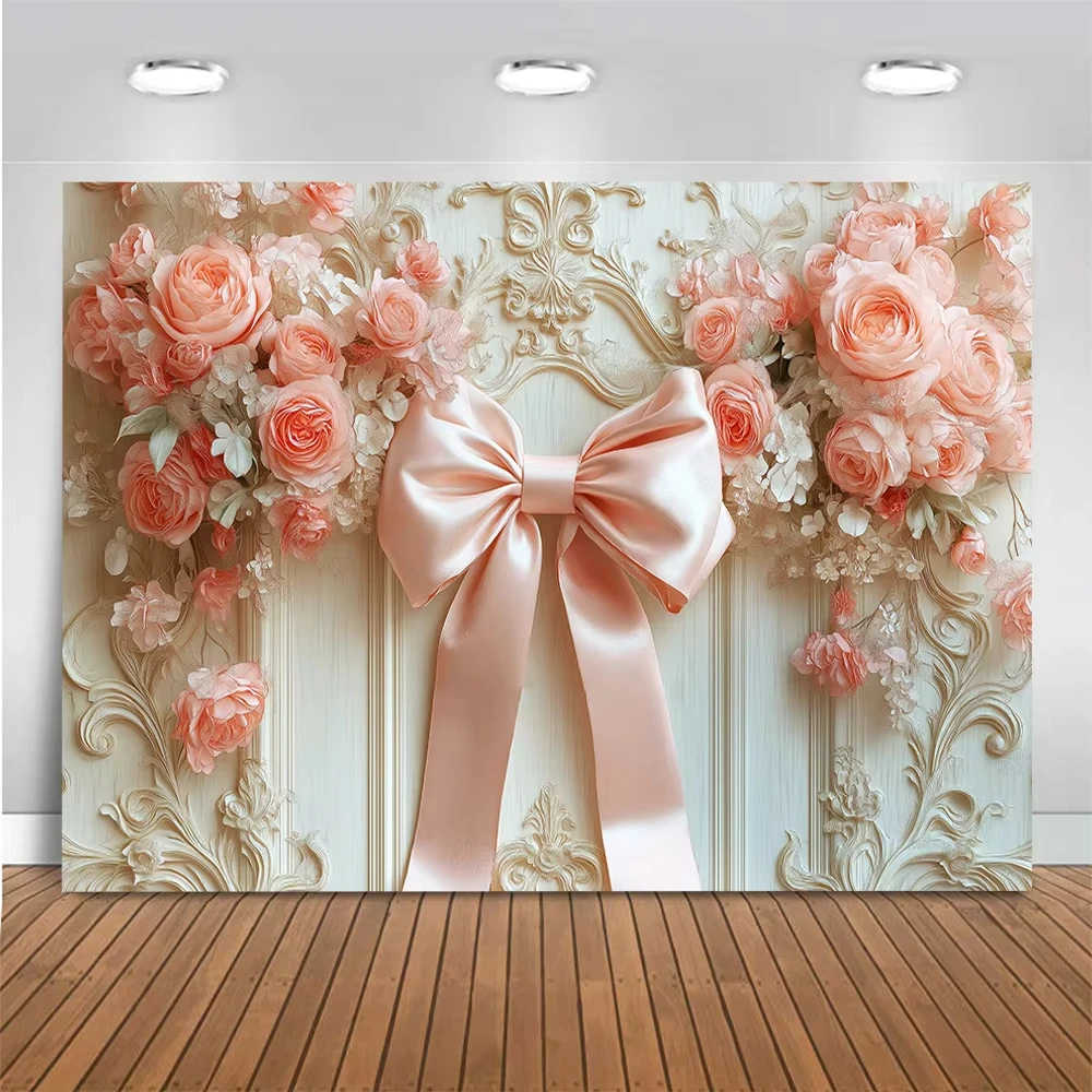 Merah Muda atau Biru Busur Retro Latar Belakang Perona Pipi Bunga Dinding Fotografi Latar Belakang Boho Bunga Anak-anak Dewasa Pesta Foto Studio Alat Peraga