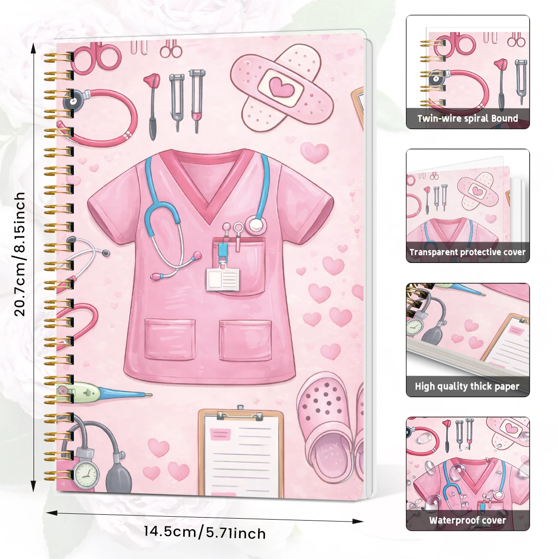 A5 Cute Pink Notebook Spiral Journal Medical Theme Planner Lined Notes Diary Gift for Women Students Office School