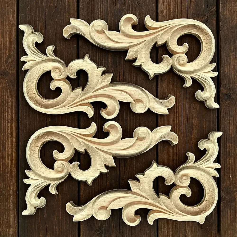 4PCS Woodcarving Decal Corner Applique Frame Door Decor Wall Furniture Decorative Figurines Wood Miniature Flower Branch 10-20cm