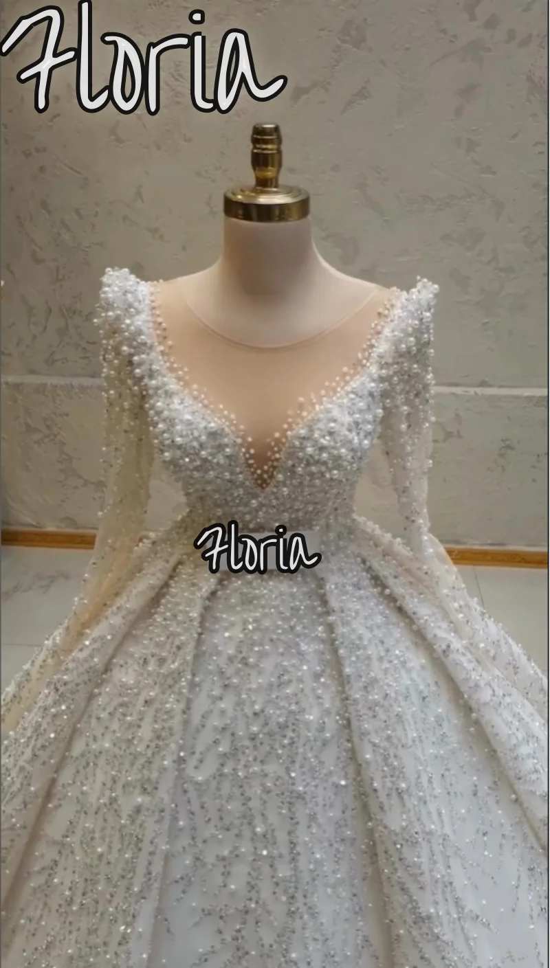 

2024 New Dubai Elegant Long Sleeve Pearls Wedding Dress Bridal Gown V-Neck Custom Made Bride Dresses A-line Vestidos De Novia