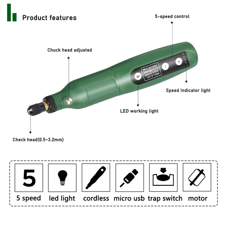 15000rpm Electric Grinder Adjustable 5 Speeds Mini Drill Rotary Tools USB Cordless Grinding Machine Engraving Pen with Drill Bit