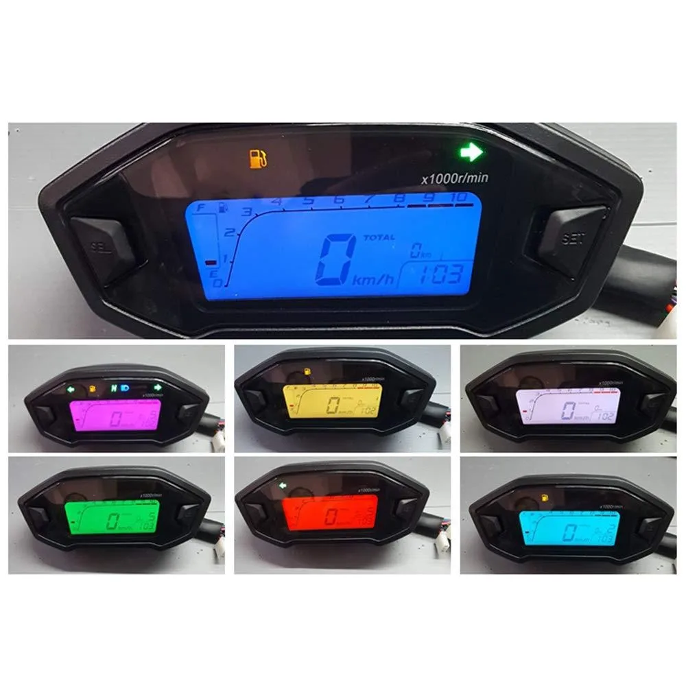Motorcycle Speedometer Universal Moto Dashboard 7 Colors Backlight Adjust Fuel Gauge LCD Odometer Digital for 1 2 4 Cylinder