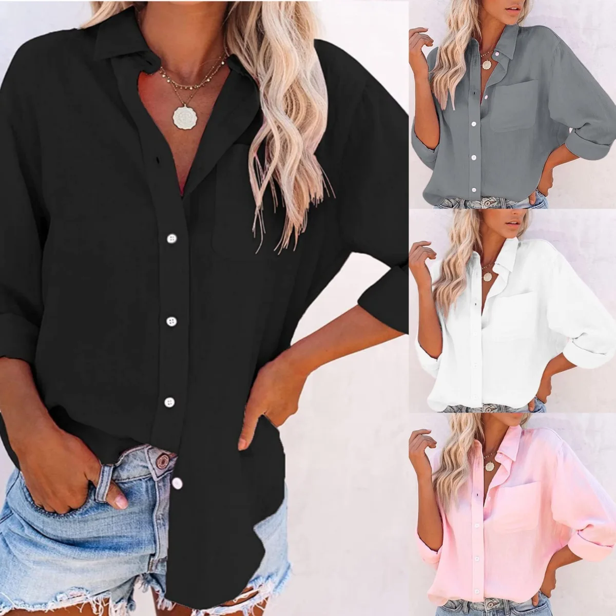 

Women's Top Loose Shirt Solid Pocket Long Sleeve Shirts Blusas Elegante Feminina Рубашка Женская Белая Рубашка Женская
