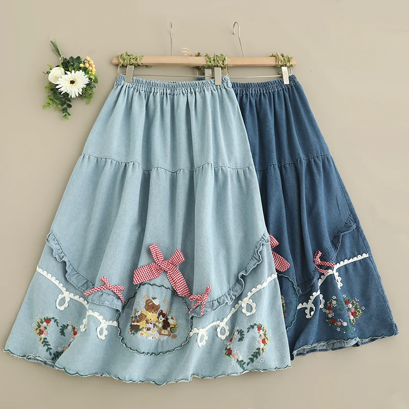 Spring New Japanese Sweet Mori Girl Cartoon Bear Embroidery Bow Denim Skirts Women Retro Elastic Waist Casual A-Line Midi Skirts