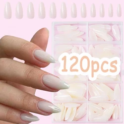 Milk White Short Almond Glossy Fake Nails 120pcs Artificial Acrylic No Trace Press On Nails Simple Advanced Wearing Nails Tools