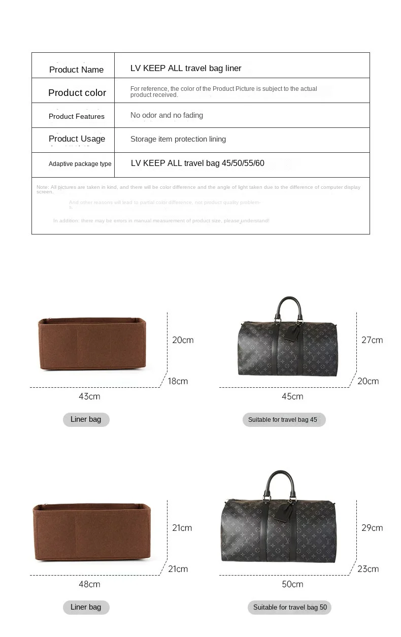 Insert Organizer Large Capacity Travel Bag Special liner Bag For Keepall 45 50 55 60 Travel Bag Pull Type lined Bag