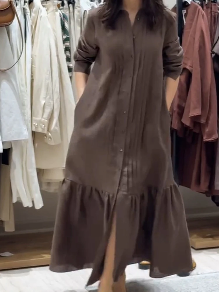 فستان قميص أنيق بصدر واحد للنساء فستان حفلات فضفاض بأكمام طويلة أنيق عالي الخصر ثنيات فستان طويل سادة #6