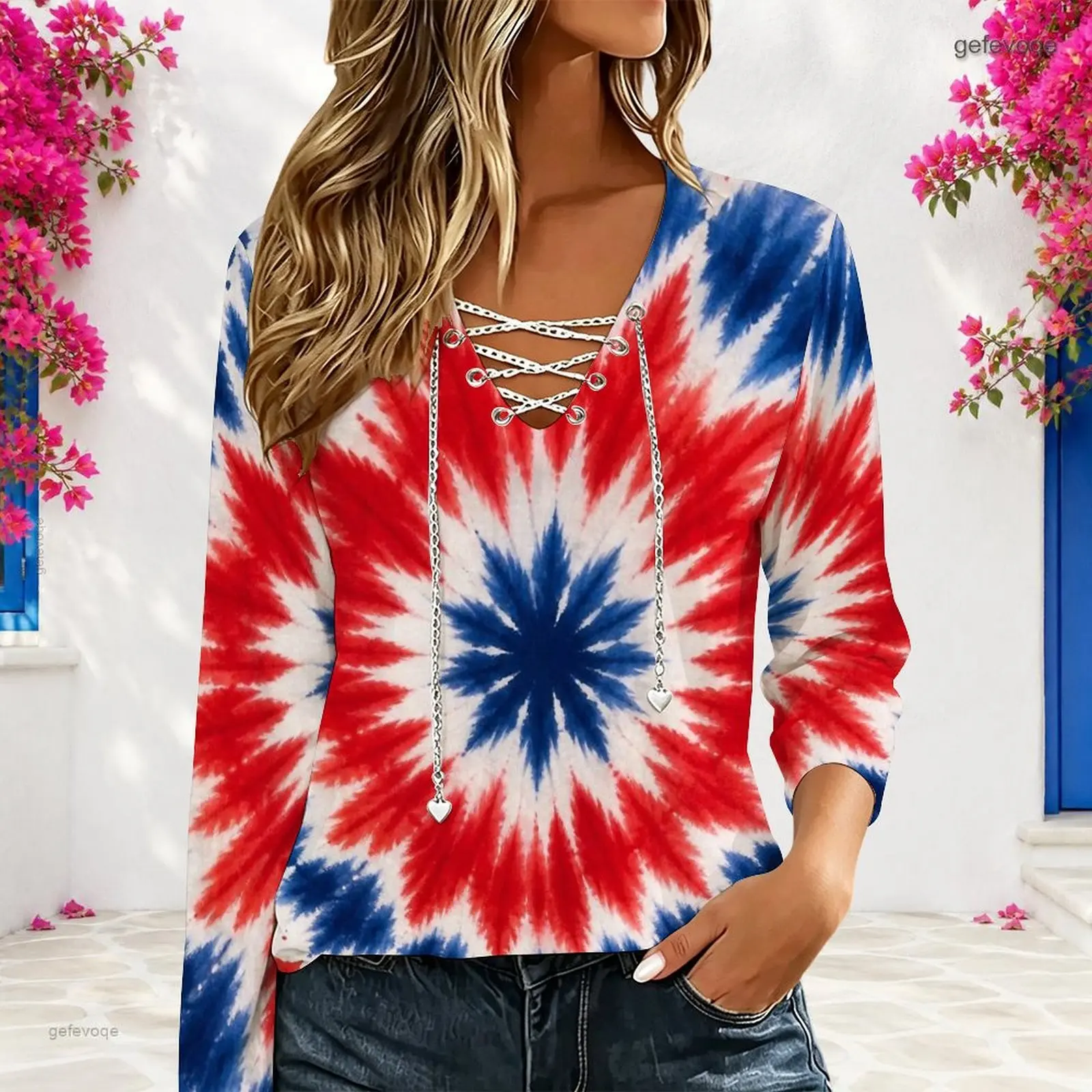 Women Navy Blue Starry Glitter Spot Printed V Neck Long Sleeve Top with Chain Lace Up Detail - view 6