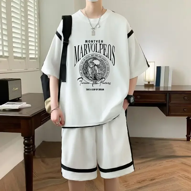 Men's T-Shirt Shorts 2-Piece Set 2025 Summer Tracksuit Korean of Harajuku High Street Clothing Creative Pattern Men's Short Suit