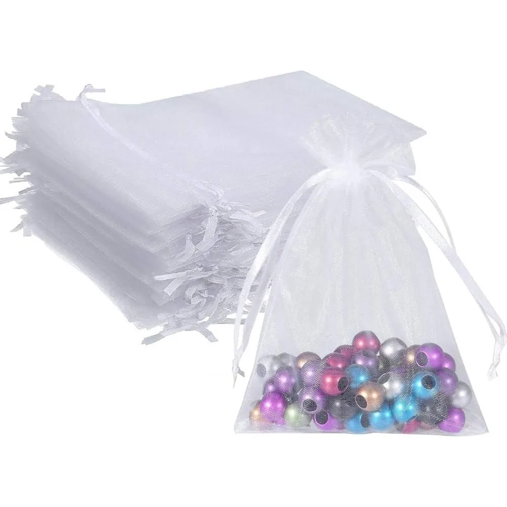 50Pcs White Organza Drawstring Jewelry Pouches Gift Bags For Wedding Party Christmas Festival Gifts Candy Packaging Sorage Bags