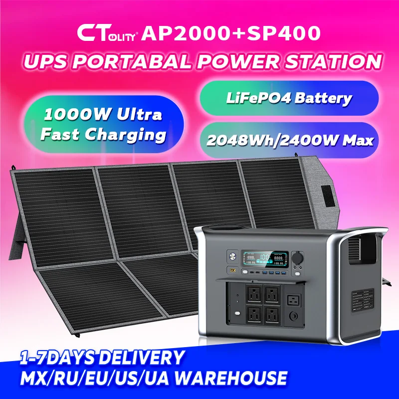 

CTOLITY AP2000 Солнечный генератор 2048 Втч и солнечная панель 400 Вт LFP Батарея 2400 Вт Портативная электростанция 220 В Кемпинг RV Накопичение энергии