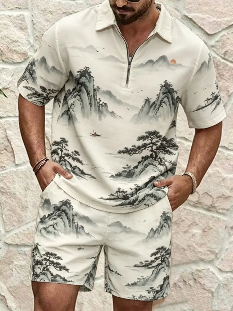 

Men's Half-Zip Short Sleeve Shirt & Shorts Set, Loose Comfort Chinese Ink Wash Landscape Print Casual Summer Outfit