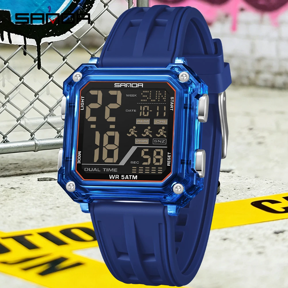 SANDA Fashion Electron jelly color Watch for Men Women Square Dial Count Waterproof Student Watch LED Luminous alarm clock Digit