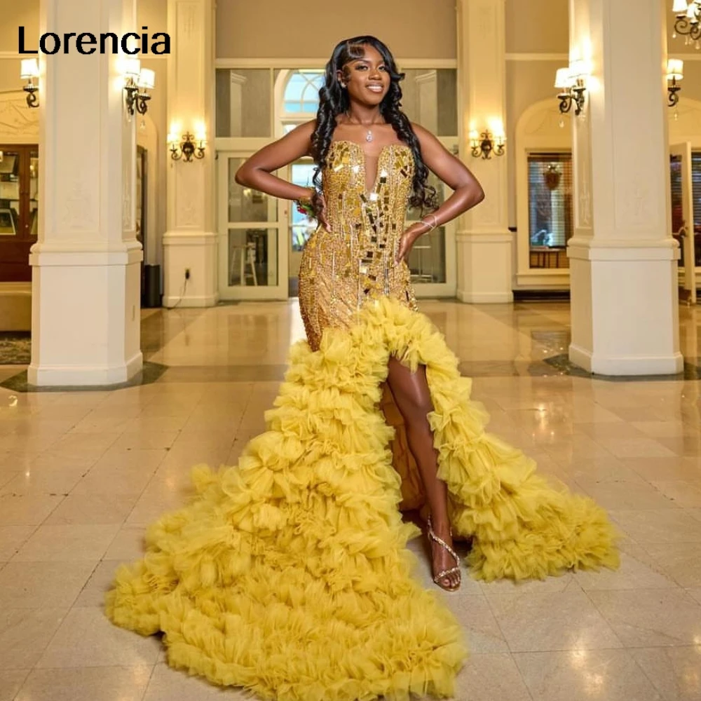 Lorencia Gold strass Prom Dress African Slay Queen Dress per Blackgirl High Slit Crystal Ruffles Party Gala Gown YPD108