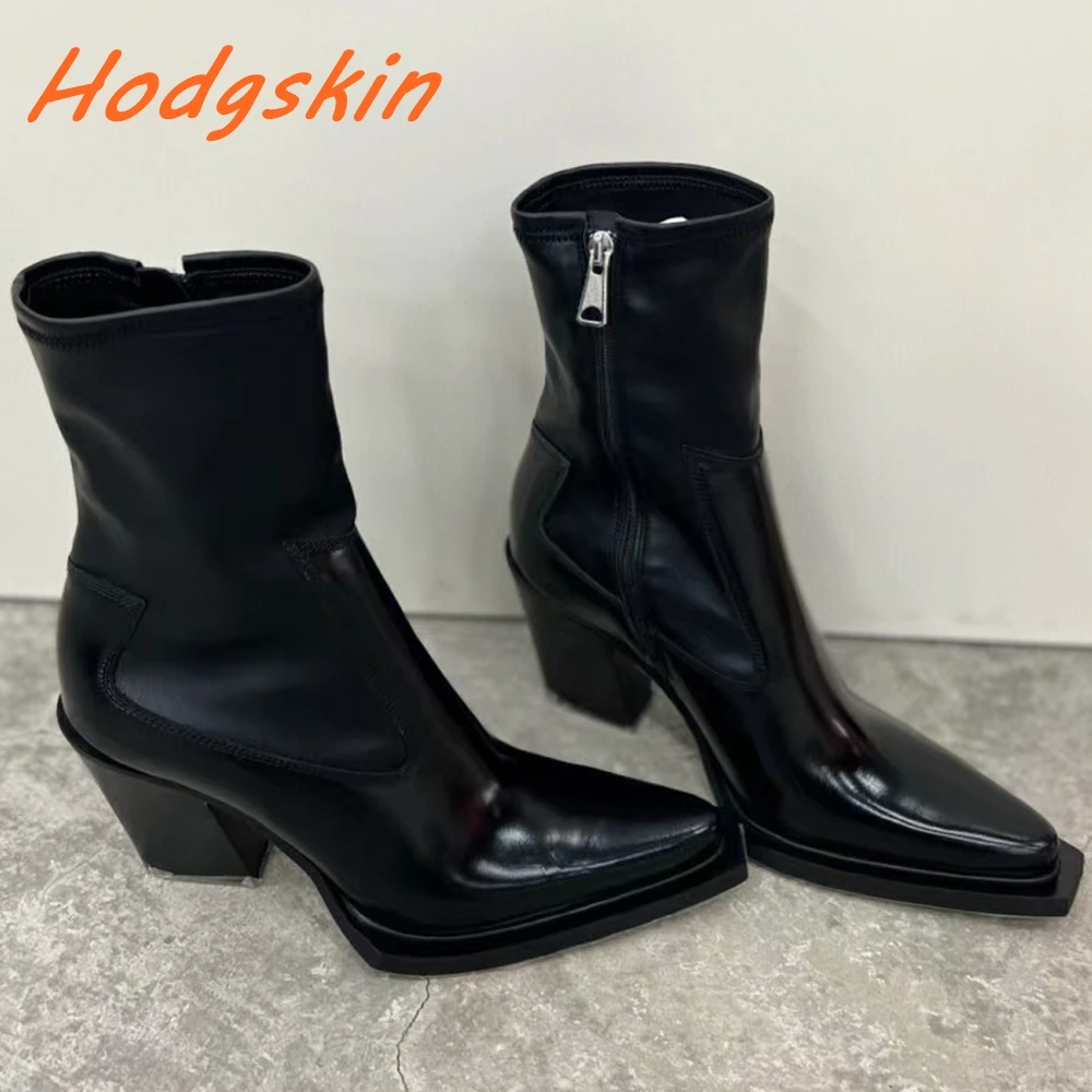 Soft Leather Women Boots Pointed Toe Solid Sewing Side Zipper Chunky Heels Shoes Runway Show Classic All-match Mid Calf Boots