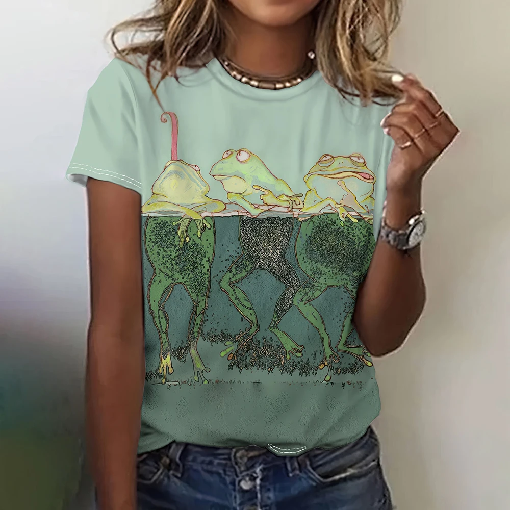 Desenhos animados 3D feminino com estampa Animal Camisetas, casual Streetwear solto, mangas curtas T-shirt, tops roupas femininas engraçadas,