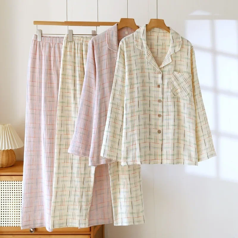 

Cotton Gauze Pajama Set for Men And Women Soft Muslin Breathable Classic Plaid Checkered Sleepwear All Season Loungewear