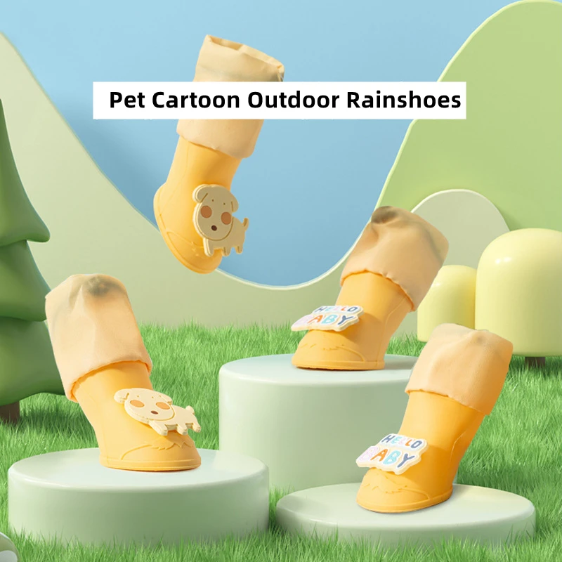 Cartoon Waterproof Rain Shoes for Dogs, Anti Slip Shoe, Silicone Boots for Chihuahua, Outdoor Footwear Socks, Pet Supplies, 4Pcs