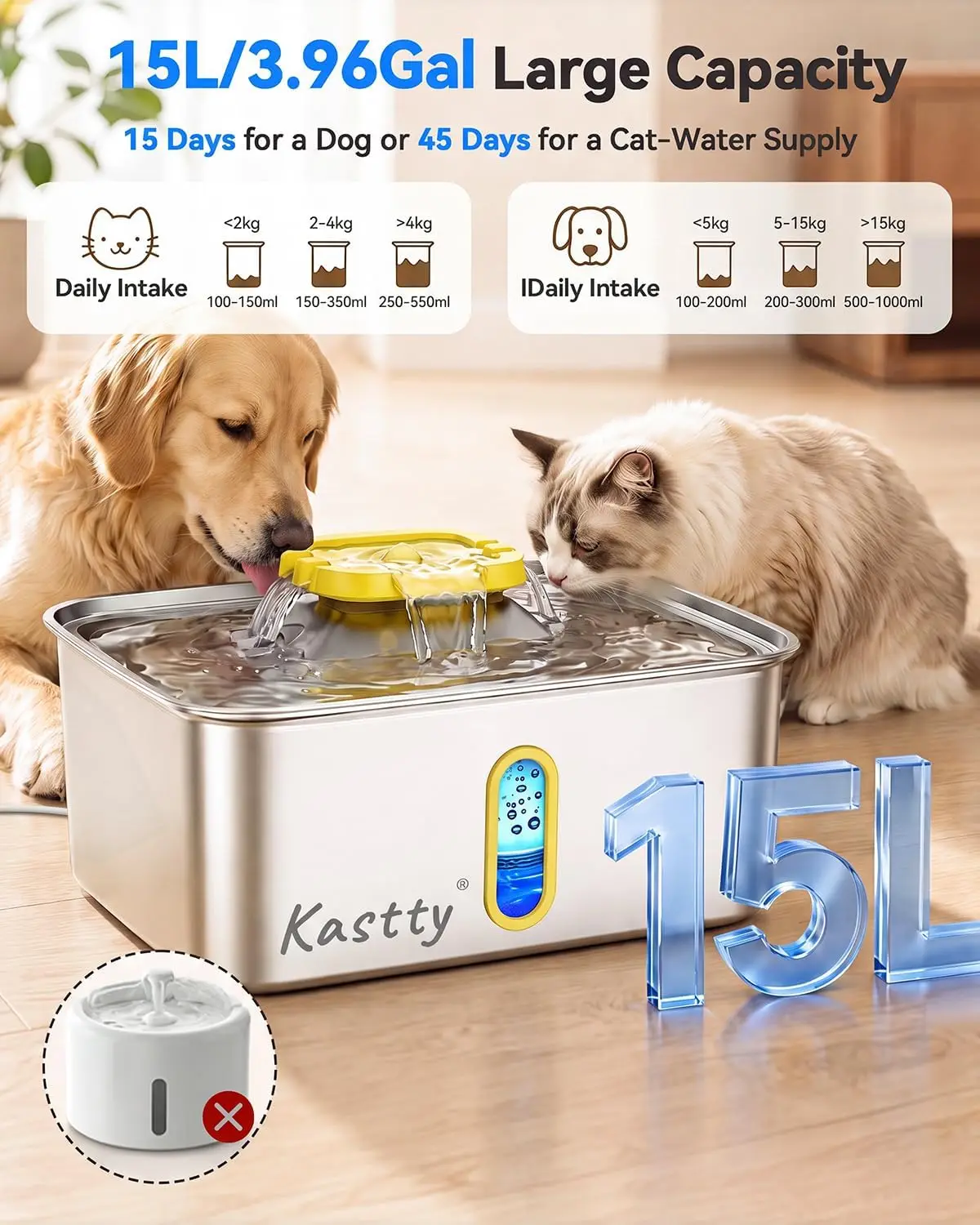 15L/4 Gal Stainless Steel Dog Water Fountain Large Capacity,FS78 | Dog Water Bowl Dispenser with Visual Window & LED Light 5-Sta