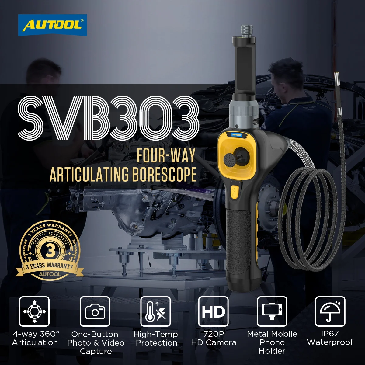 AUTOOL SVB303 Car Hd Automotive Endoscopic Endoscope Camera for Mobile With Handle Monitor Light Source
