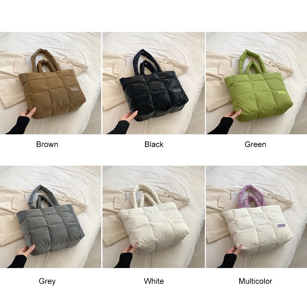 กระเป๋าถือทรงพองสำหรับผู้หญิง สีพื้น ลายตาราง กระเป๋าถือแบบเย็บติดกัน ความจุเยอะ แฟชั่นฤดูใบไม้ร่วง ฤดูหนาว กระเป๋าสำหรับผู้หญิง