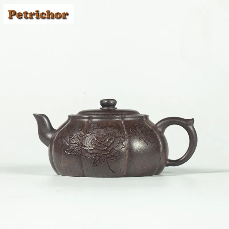 

200ml Yixing Purple Clay Teapots Handmade Rib Pumpkin Pot Raw Ore Wood-fired Porcelain Mud Tea Soaking Kettle Zisha Tea Set Cha