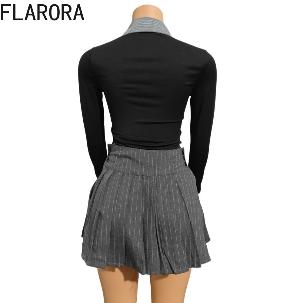 FLARORA موضة المرقعة 2 قطعة مجموعة امرأة بولو الرقبة شريط طباعة سليم القمم والتنانير مطوي وتتسابق الإناث أنيقة الشارع الشهير