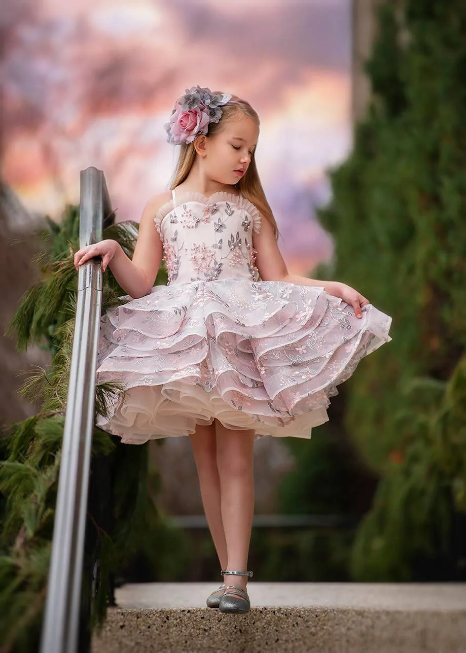 Vestidos de niña de flores rosas para boda, tul Floral, volantes de perlas, fiesta de noche de novia pequeña, vestidos de baile de primera comunión