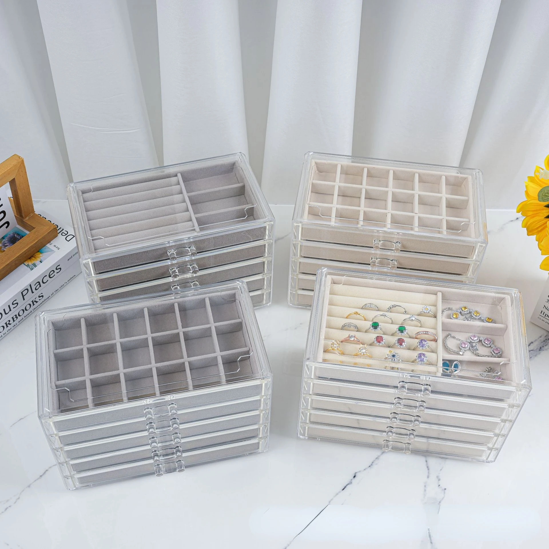 Jewelry Storage Box Tools Transparent Multi-layer Grid Necklace Ring Earrings Box Classification Storage Box Drawer Jewelry Box