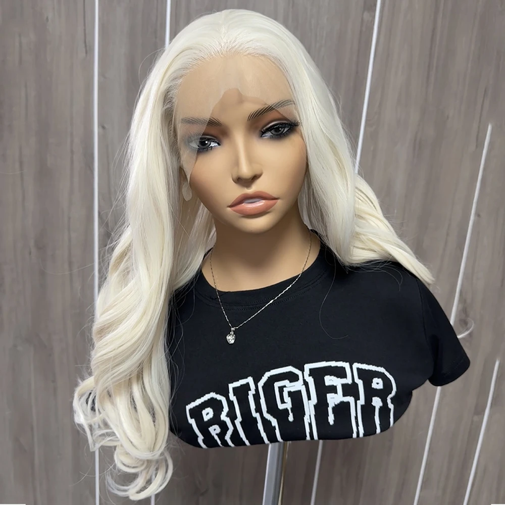 Platinum Blonde Wave Wig Synthetic Lace Front Wigs For Women White Blonde Natural Wave Lace Hair Long Wave Wig Cosplay Wig Party