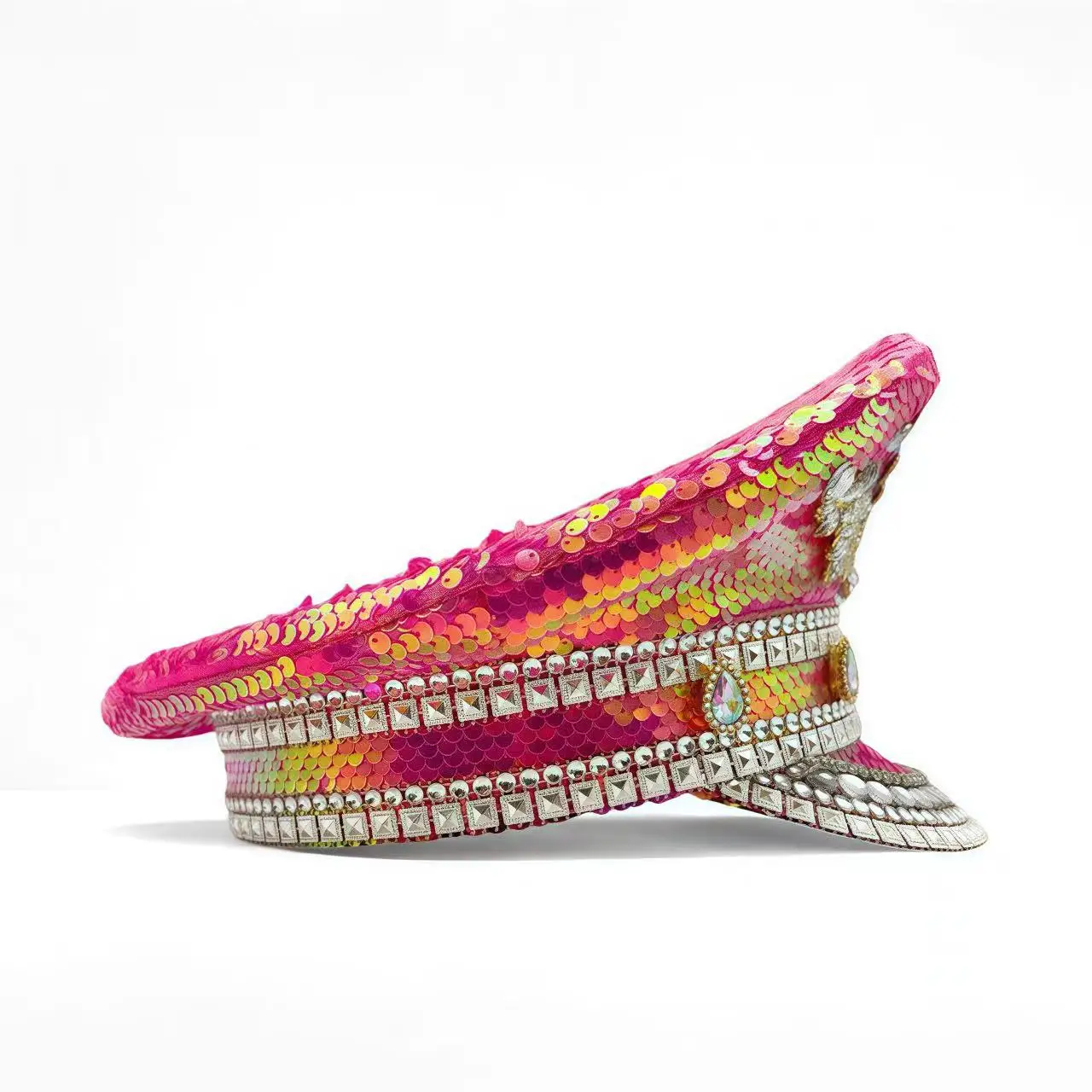 ホンルアン イエローレーザーレザーループキャプテンハット ラインストーン＆ミリタリーキャップ 女性用、レイブフェスティバルアクセサリー＆パーティーキャップ男性用