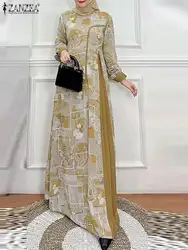 ZANZEA Long Sleeve Art Printing Long Robes Muslim Fashion 2024 Autumn Women Islamic Maxi Dress Patchwork O Neck Abaya Vestidos