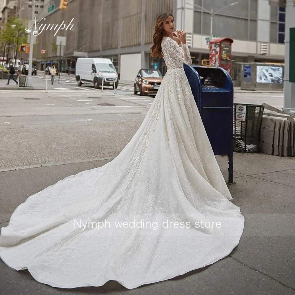 Vestidos De novia Línea A para mujer, cuello redondo, manga larga 3D, apliques De cuentas, ilusión, vestido De novia, bata De boda