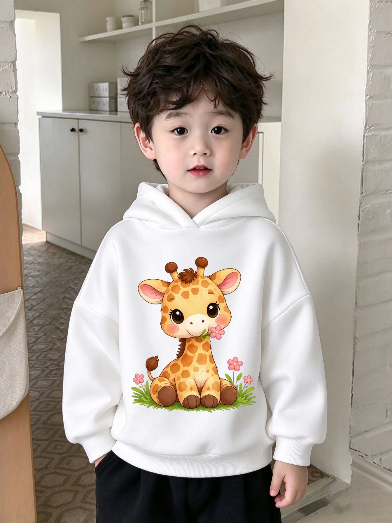 Latest model Kids Hoodie Sweatshirt,Soft Skin-friendlyCartoon Giraffe Floral Print Hooded Pullover,Autumn Winter Casual Kids Top