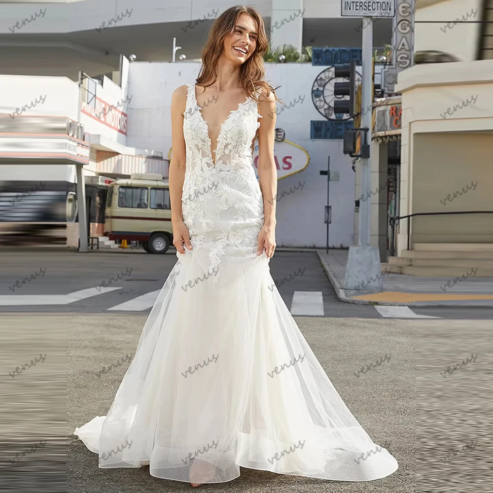 فساتين زفاف عصرية زي العرائس الرائع دانتيل زينة بدون أكمام بدون ظهر رداء جميل فيستدوس دي نوفيا مخصص 2026