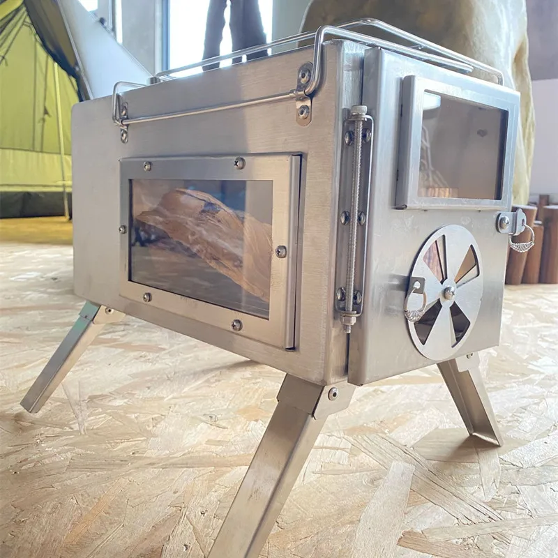 Outdoor Firewood Stove Stainless Steel Double-sided Large Glass Field Of Vision Camping Heating With Tent Charcoal Stove